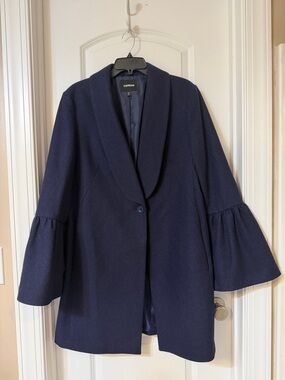Express Navy Bell-Sleeve Shawl-Collar Pea Coat